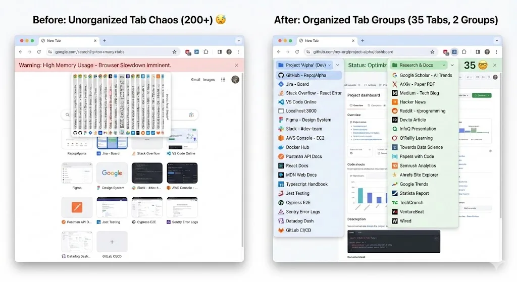 Side-by-side: 200+ tabs reduced to 35 organized tabs in groups