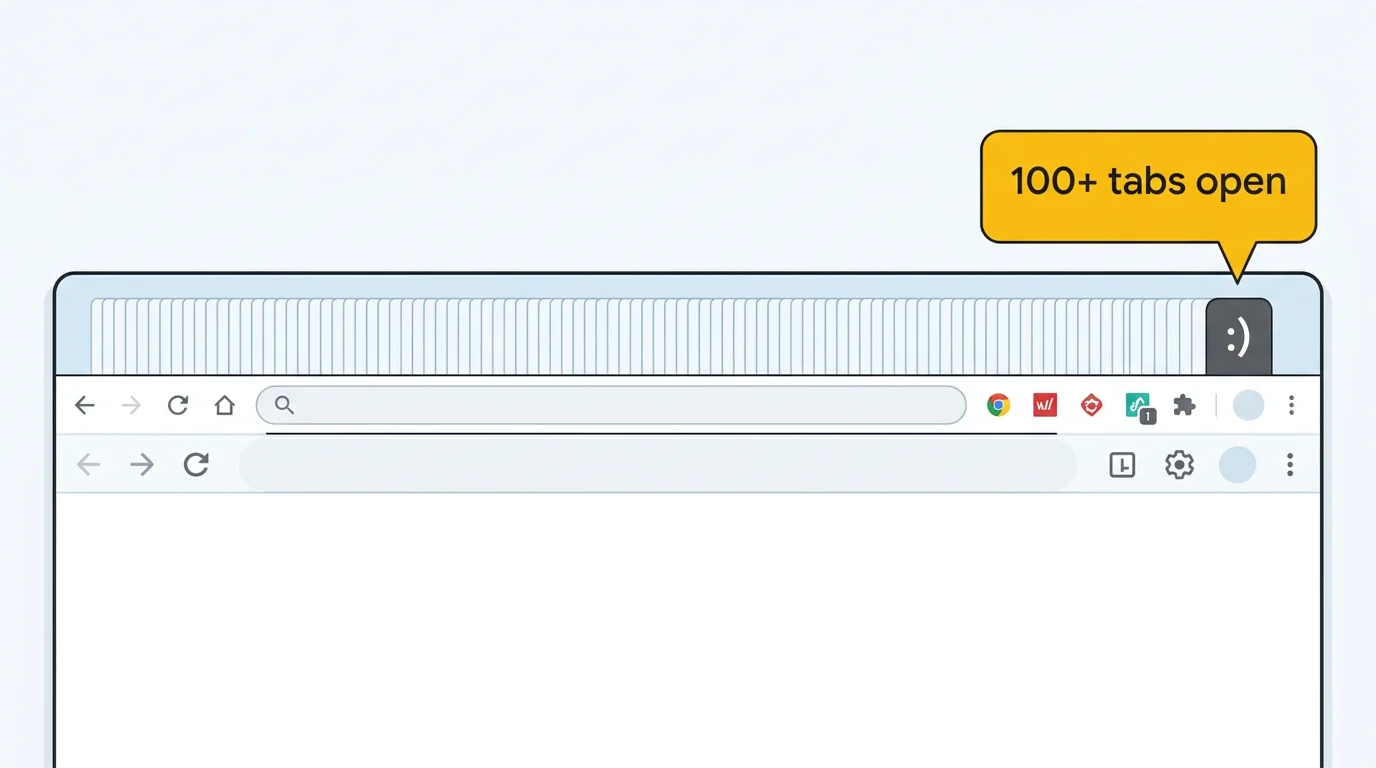 Screenshot of Chrome showing the :) icon instead of a tab count, indicating 100+ tabs open