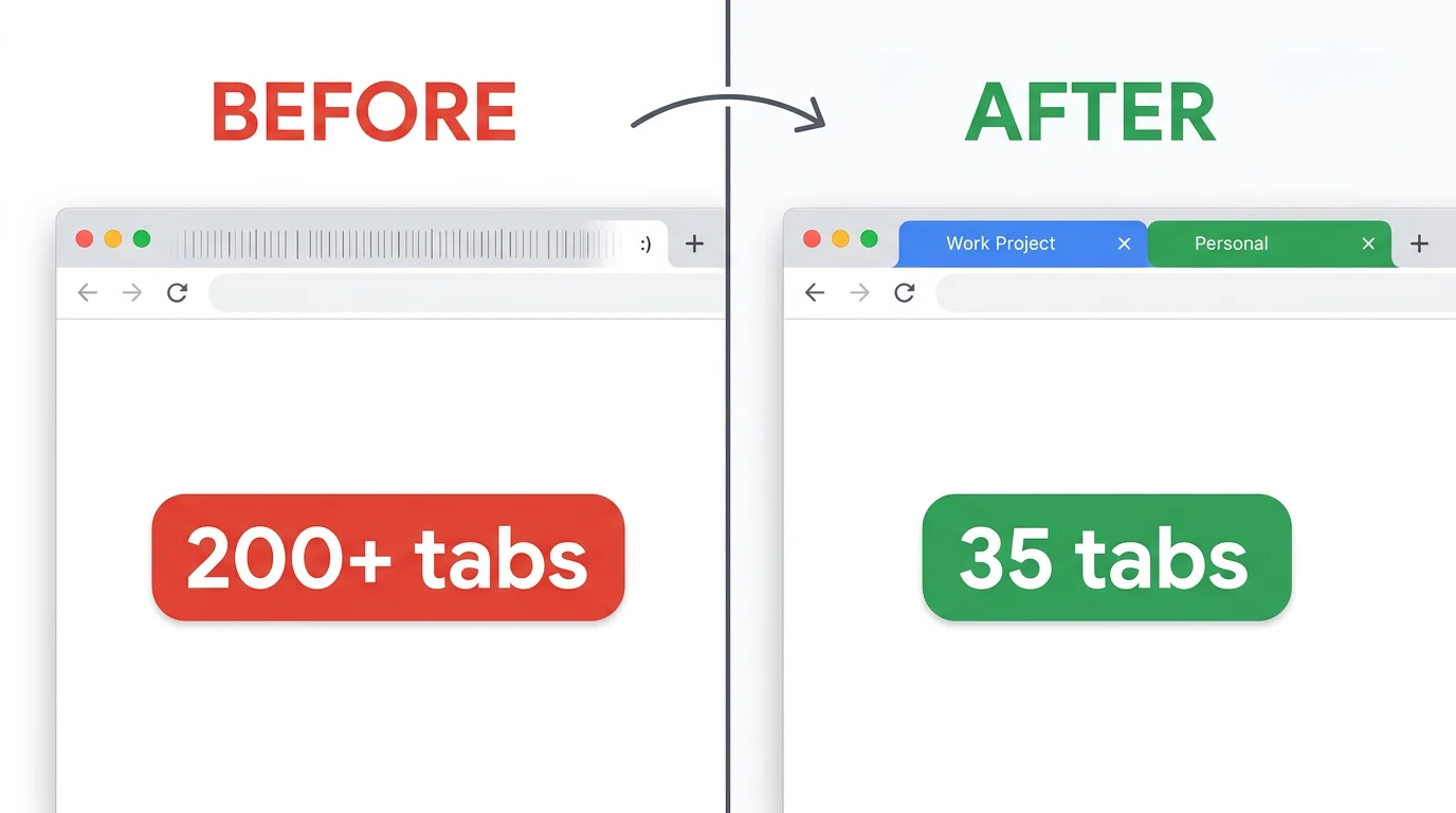 Side-by-side showing 200+ tabs (smiley face) reduced to 35 organized tabs in 2 groups