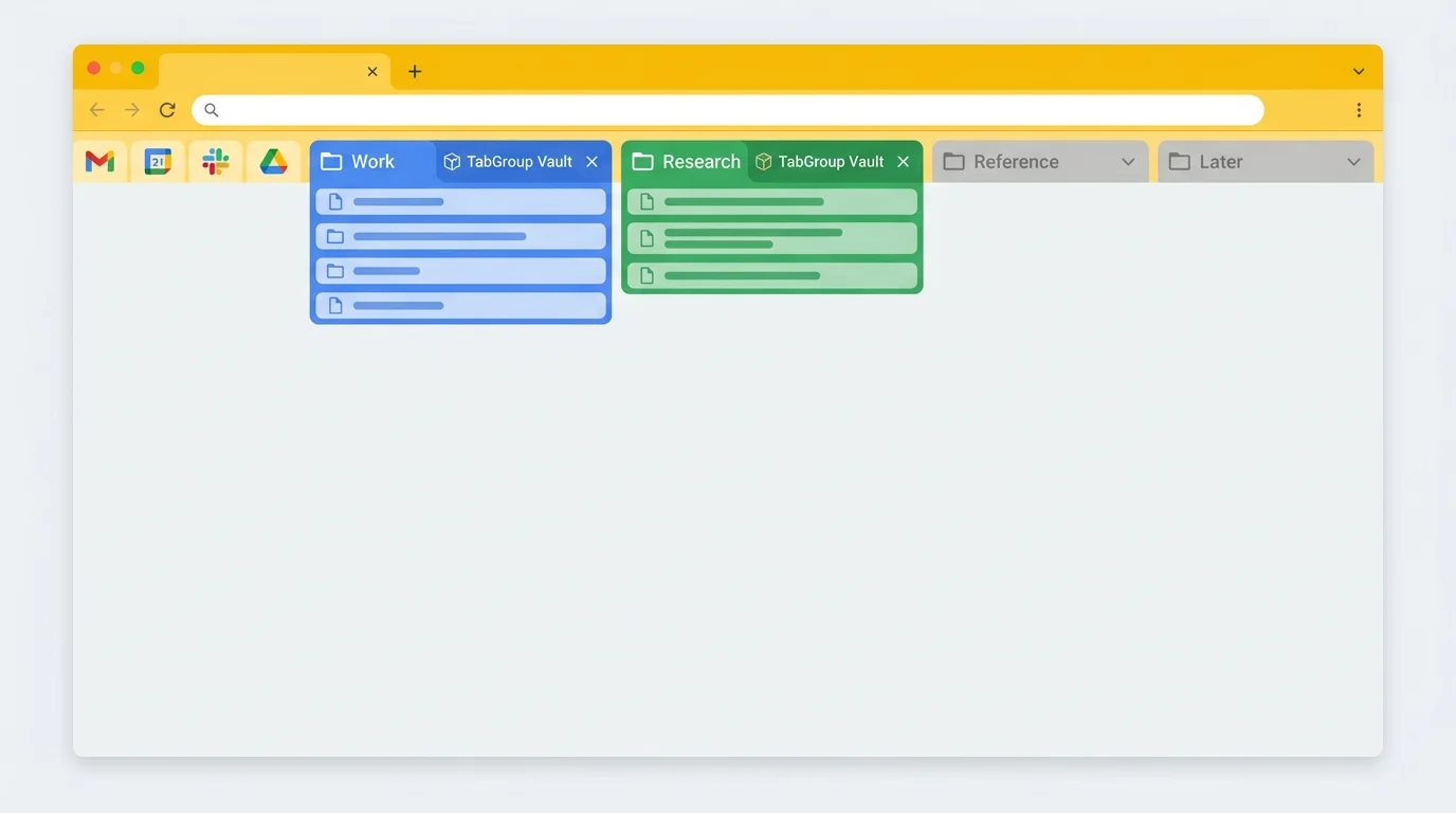 Screenshot of a clean Chrome window with 2 active tab groups, 4 pinned tabs, and collapsed reference groups