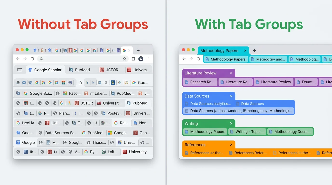 Before/after comparison: a cluttered tab bar with 60+ undifferentiated tabs vs. color-coded tab groups labeled by research topic