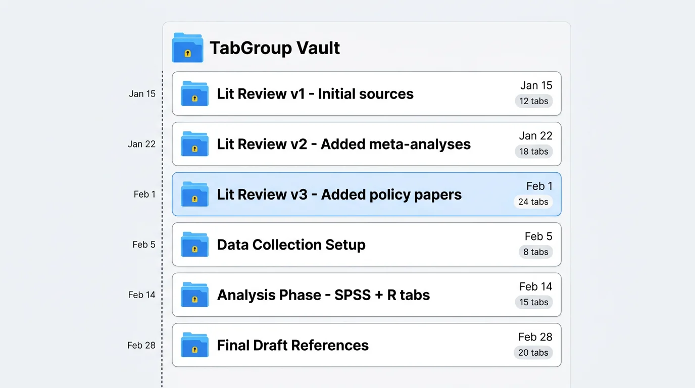 A list of saved snapshots showing research progression over several weeks, with names like 