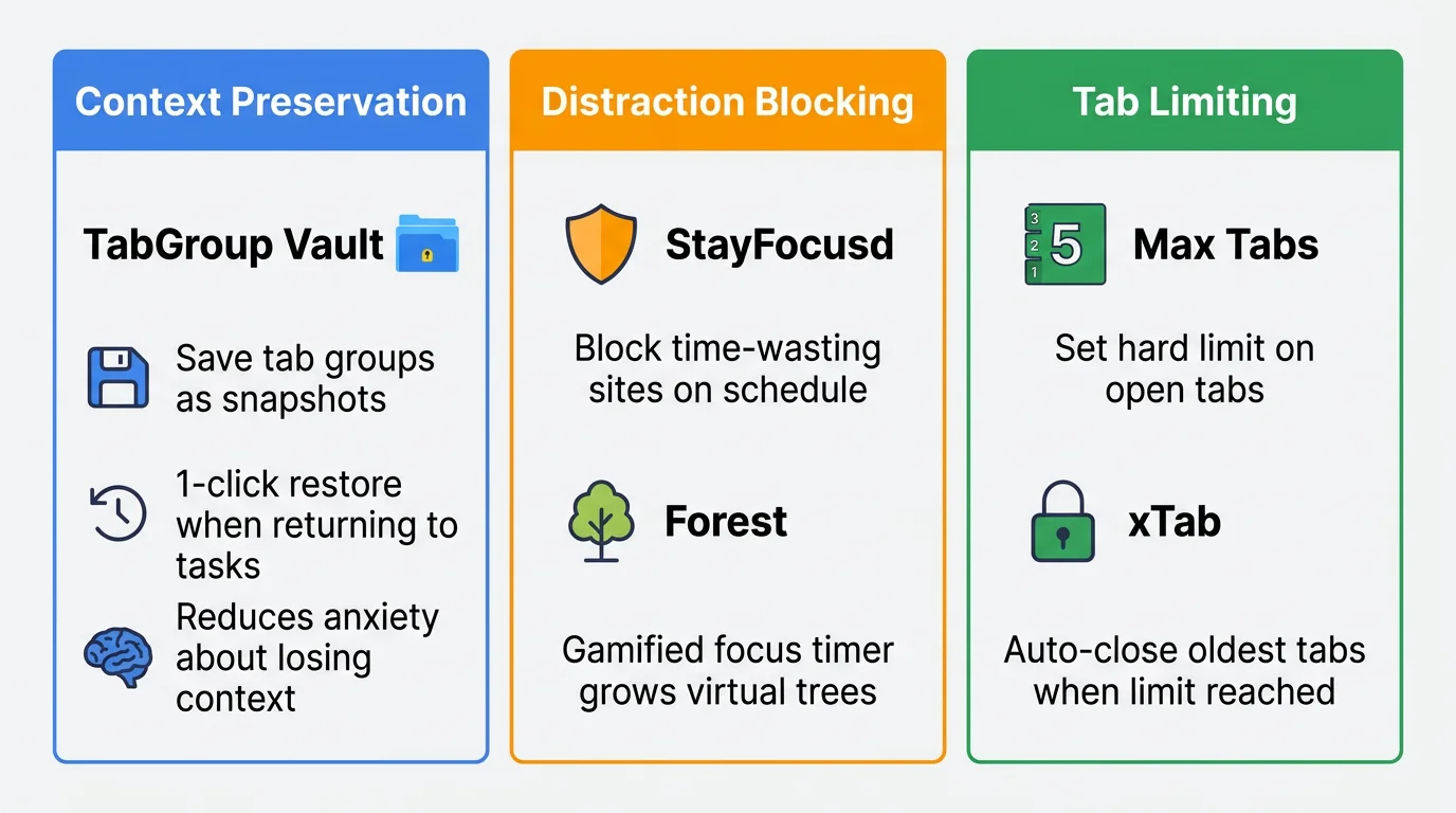 Three-column visual showing Context Preservation (TabGroup Vault), Distraction Blocking (StayFocusd/Forest), and Tab Limiting (xTab) with icons representing each category