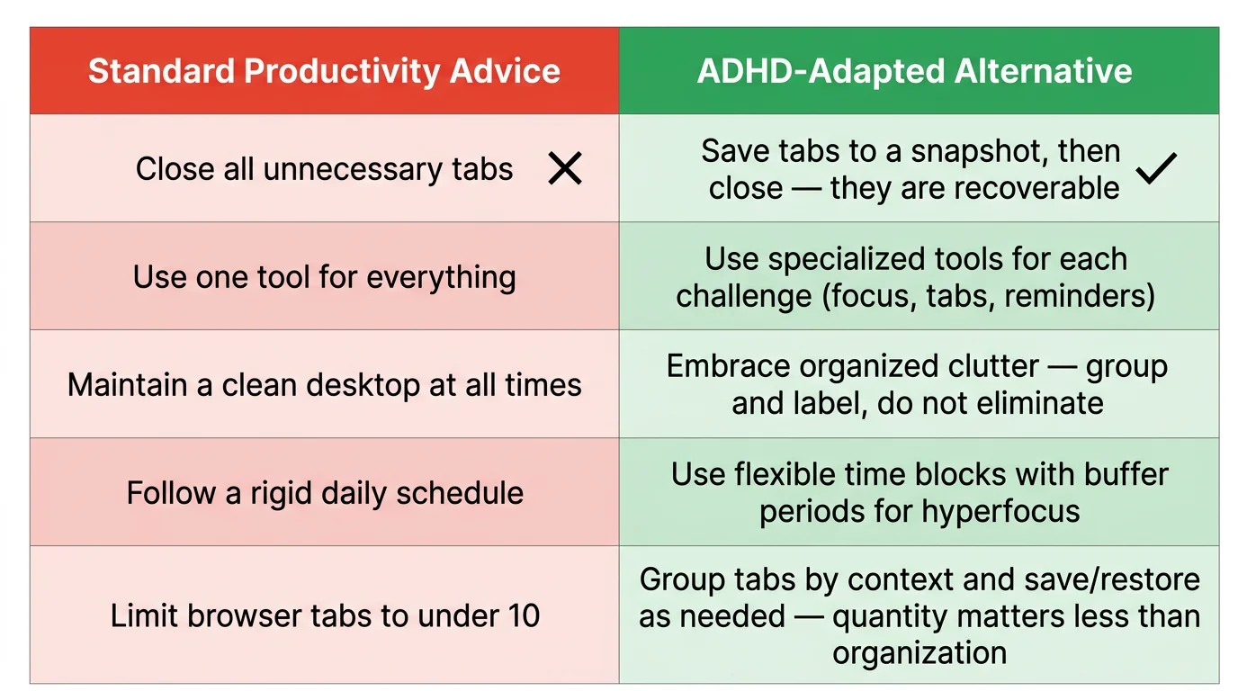 Two-column comparison showing standard productivity advice on the left and ADHD-adapted alternatives on the right