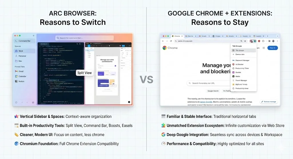 Arc browser sidebar vs Chrome tab bar comparison