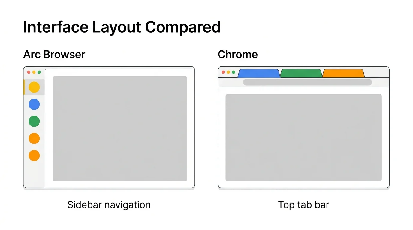Side-by-side layout of Arc's sidebar-based interface versus Chrome's traditional top tab bar