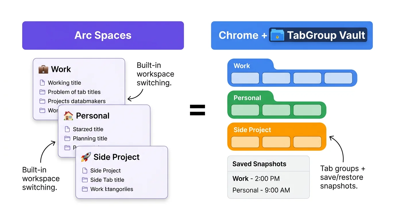 Showing equivalent workflows: Arc's Spaces vs Chrome's tab groups + TabGroup Vault snapshots