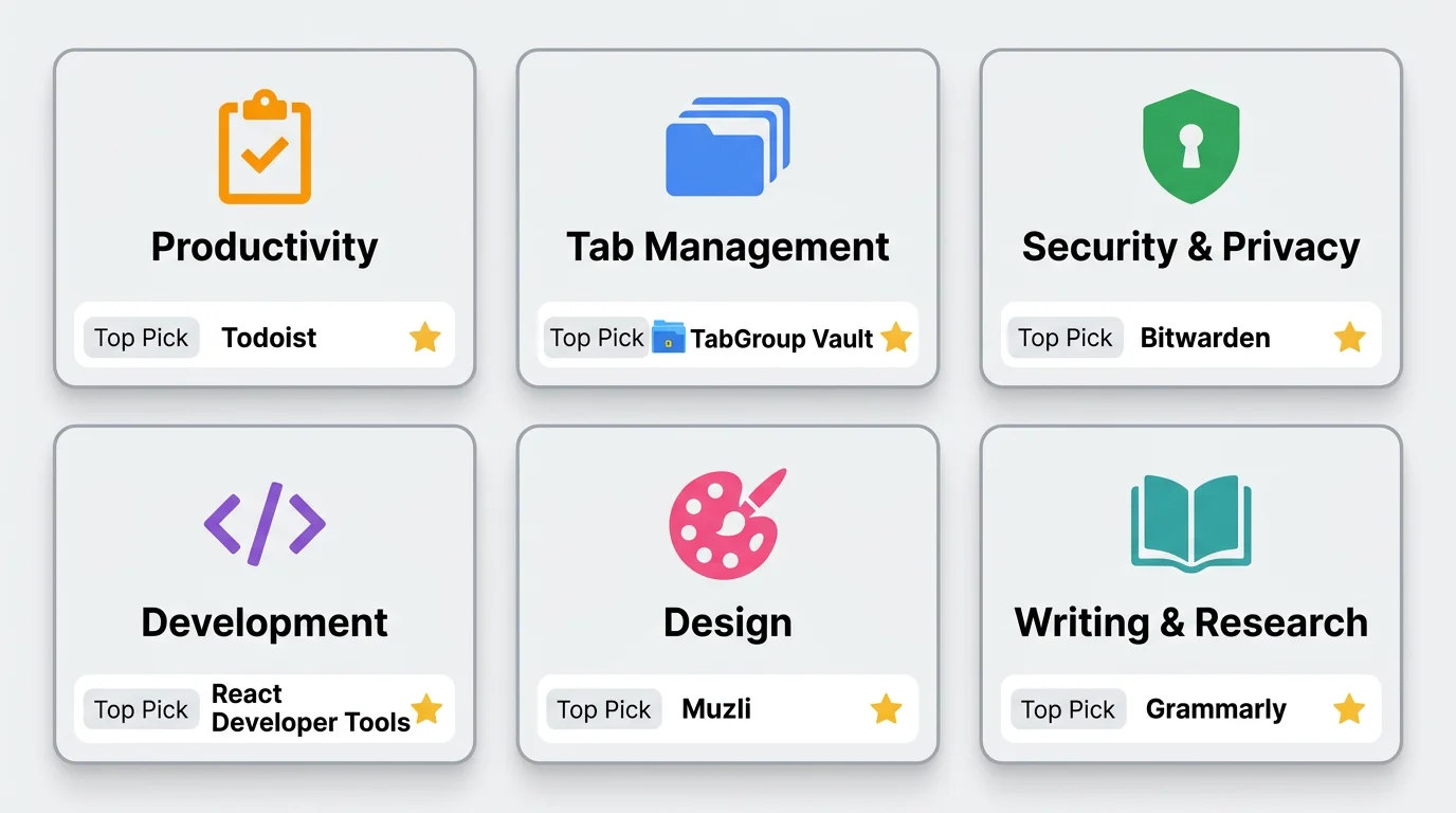 Visual grid showing all 6 categories with icons and the top pick for each category