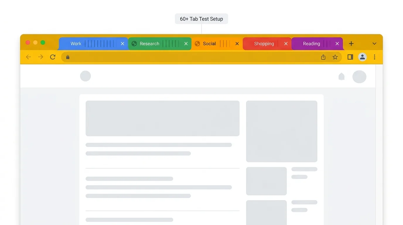 Chrome browser with 60+ tabs organized into 5 color-coded tab groups for extension testing