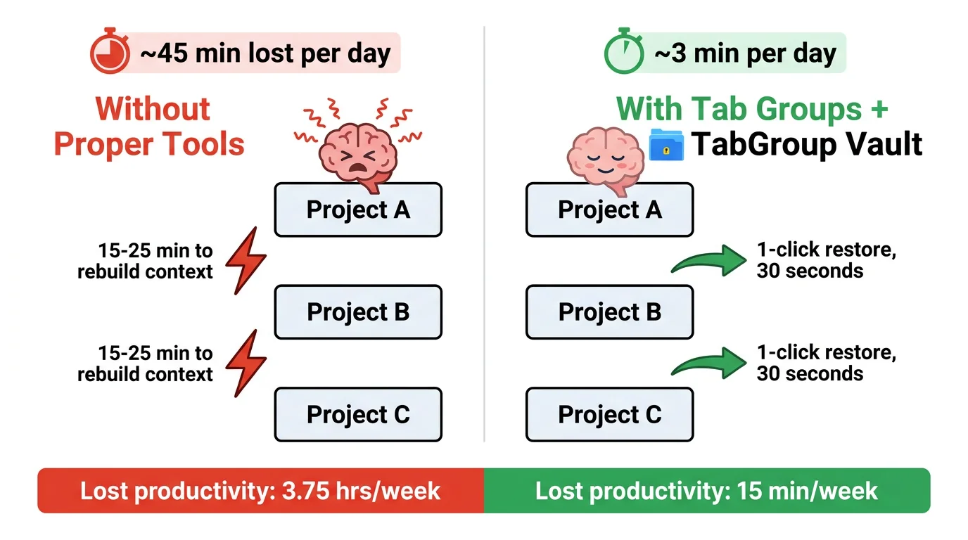 Visual showing the cognitive cost of switching between three projects without vs. with proper tooling