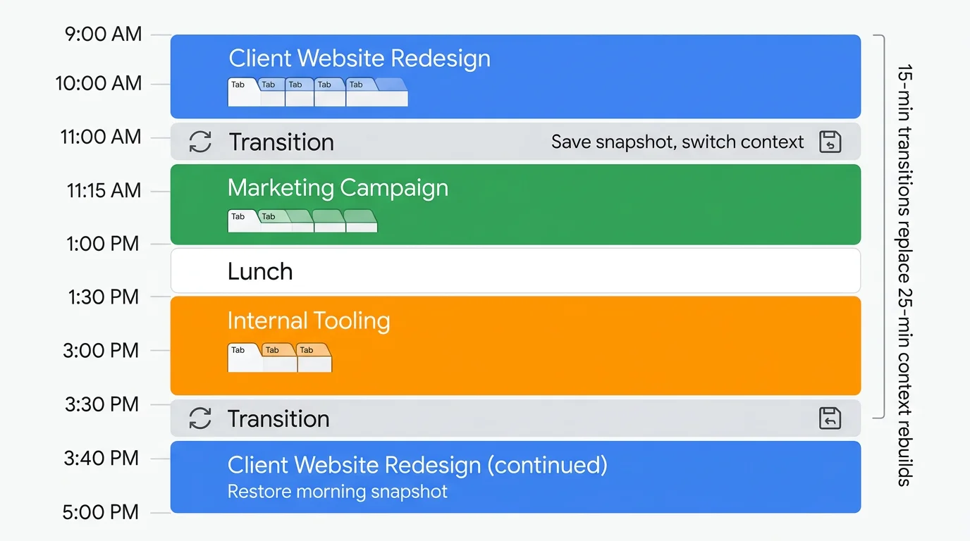 Example daily schedule showing time blocks dedicated to different projects with transition periods