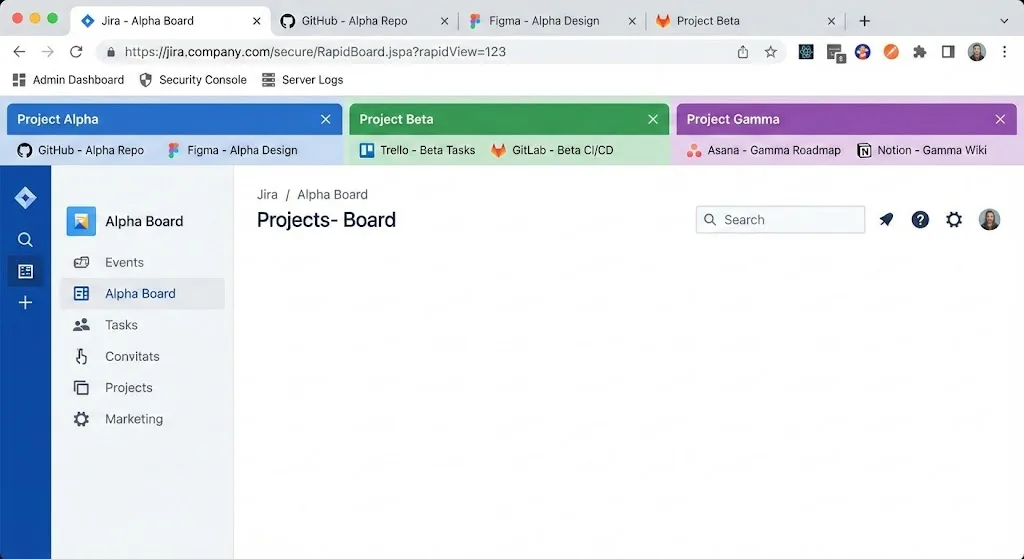 Organized Chrome workspace with colorful tab groups