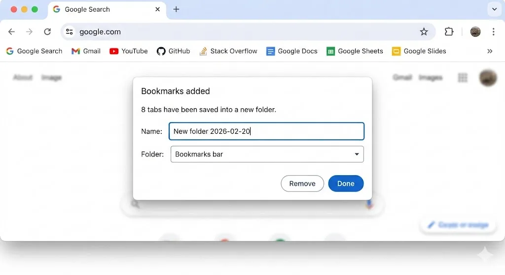 Bookmarking all tabs process in Chrome