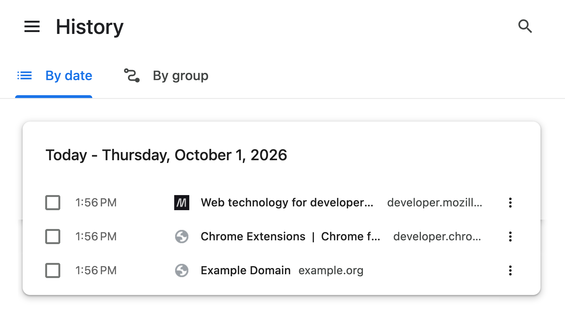 Actual Chrome History in an isolated Profile, with three sample visits. History lists visited URLs; it is not a Group backup.