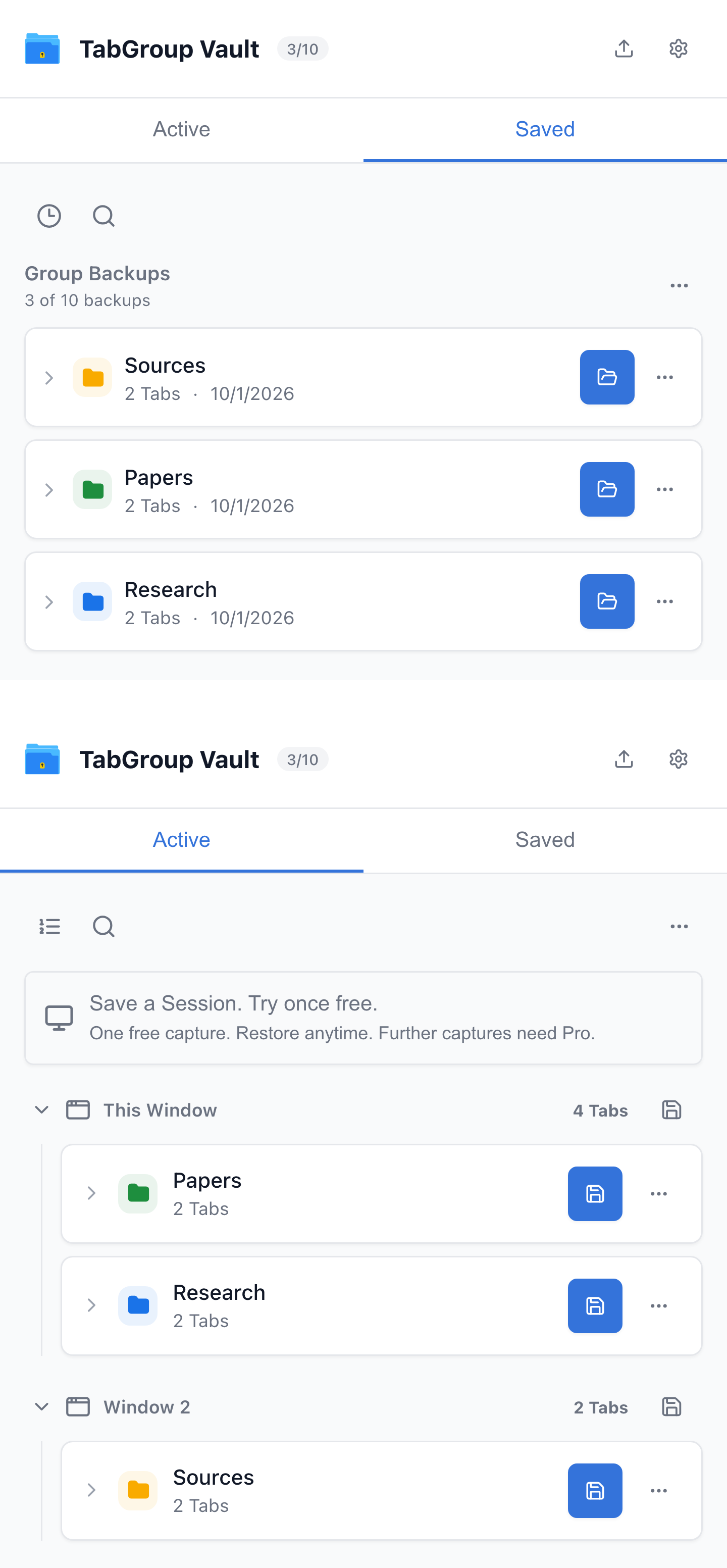 Current TabGroup Vault UI with sample Chrome data. The restore pair shows the same Research Group before and after the production restore action.