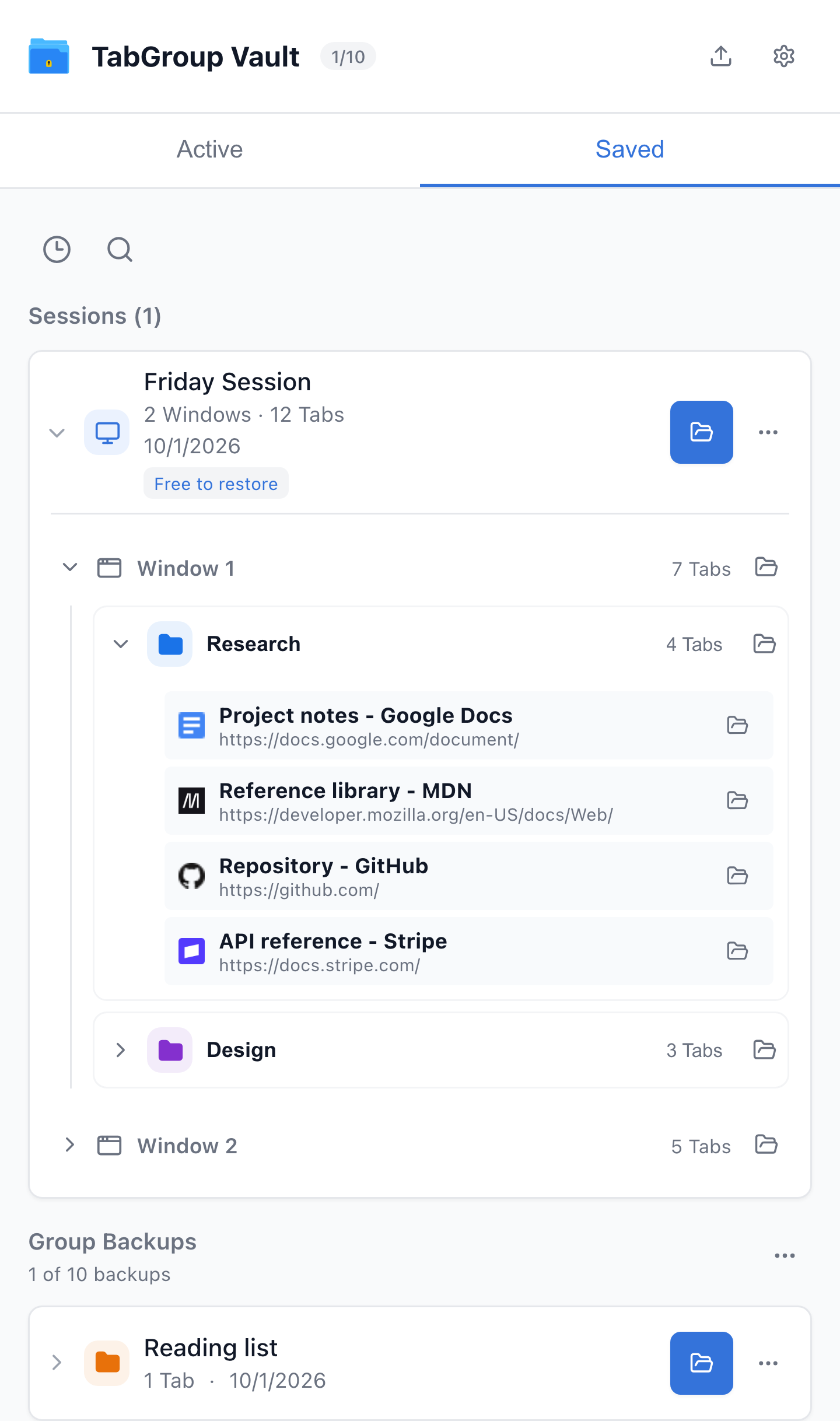 Current TabGroup Vault Saved Session view with deterministic sample data. This capture demonstrates the interface, not a live cloud or crash-recovery test.