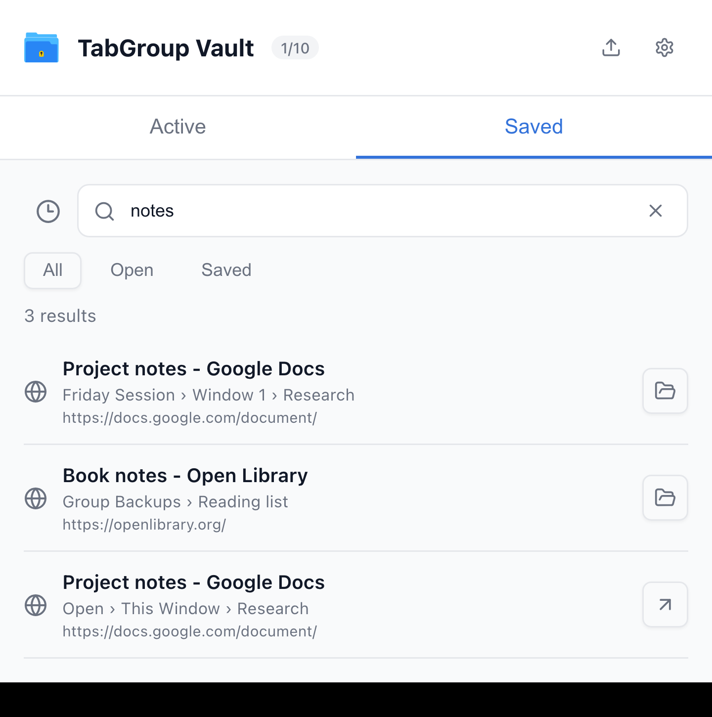 Current TabGroup Vault Search Results view with deterministic sample data. This capture demonstrates the interface, not a live cloud or crash-recovery test.