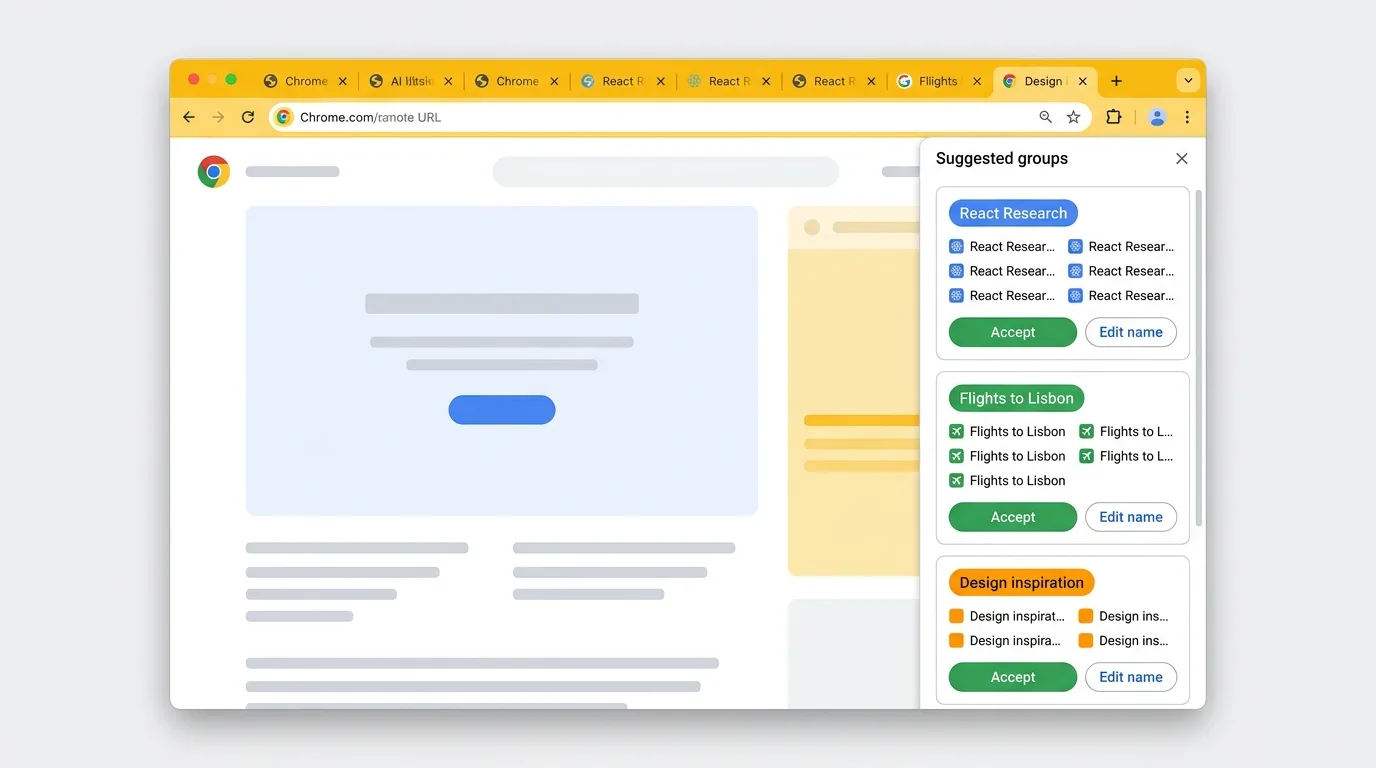 Hero illustration of Chrome's tab bar with a side panel overlay showing suggested groups for React Server Components research, flights to Lisbon, and design inspiration, each with Accept and Edit buttons.