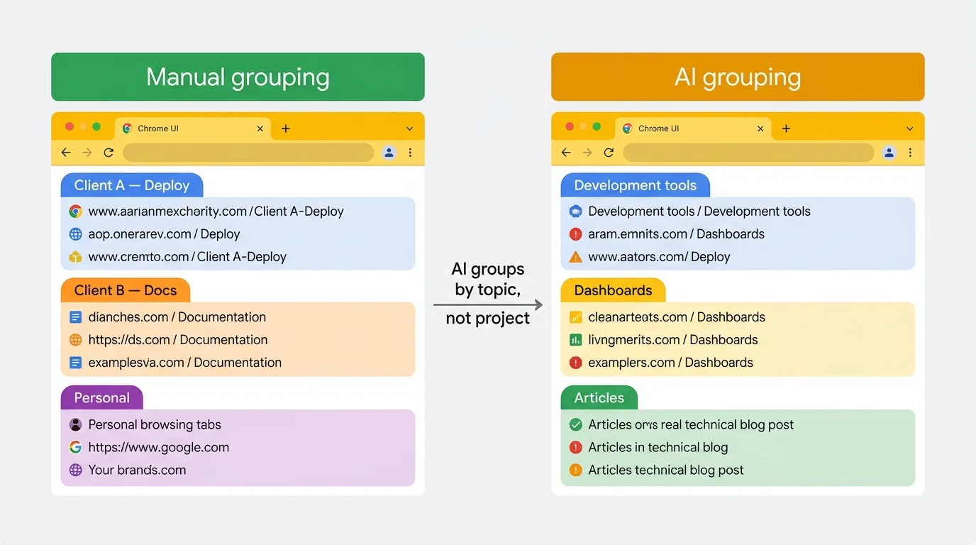 Side-by-side illustration. The left panel shows manual grouping with careful project labels. The right panel shows AI grouping with generic topic labels such as development tools, dashboards, and articles. An arrow between them says AI proposes topics, not projects.