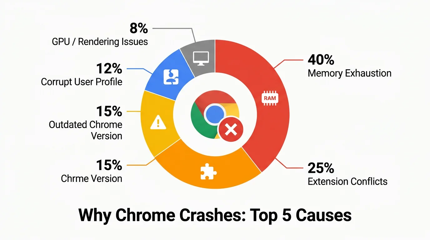Pie chart showing the relative frequency of Chrome crash causes: memory exhaustion (40%), extension conflicts (25%), auto-updates (15%), profile corruption (12%), GPU issues (8%).