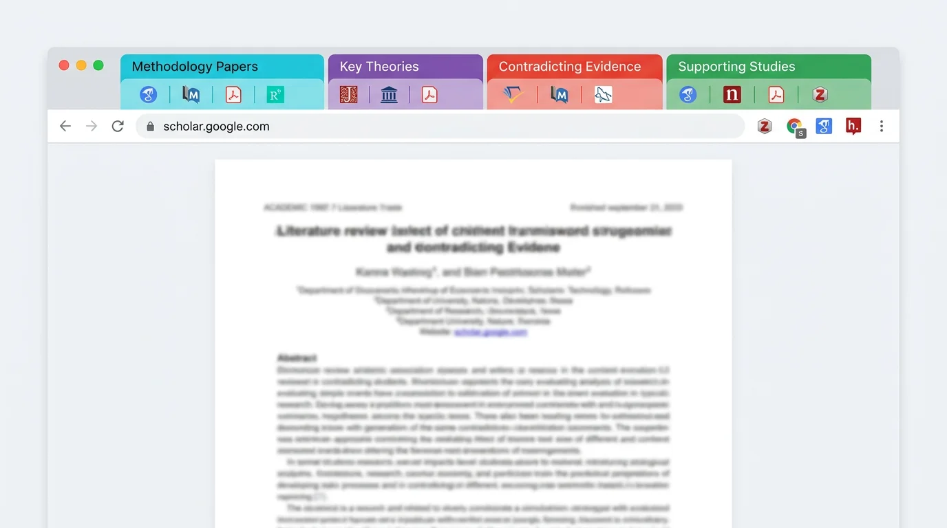 A Chrome browser with tab groups labeled by literature review topics: 