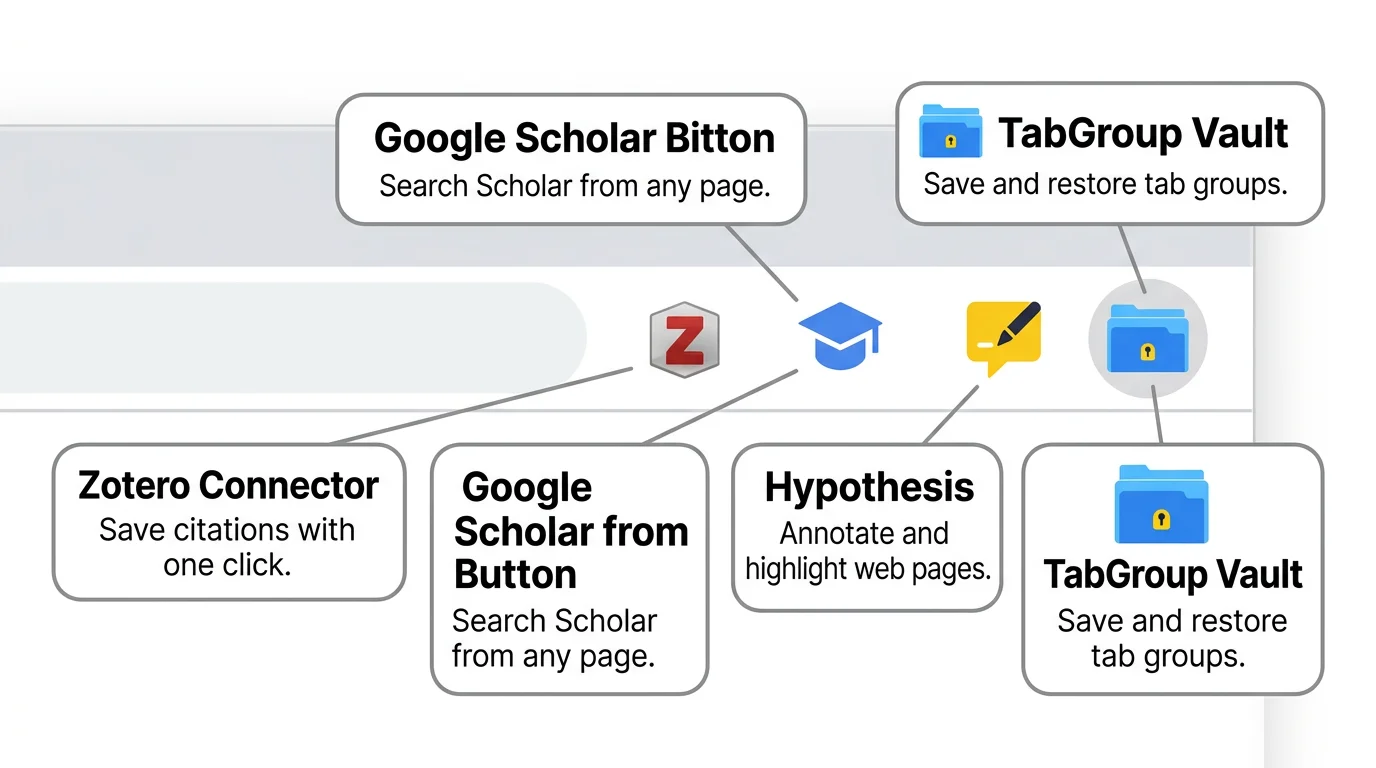 Chrome toolbar showing Zotero Connector, Google Scholar Button, Hypothesis, and TabGroup Vault icons with labels explaining each one's purpose