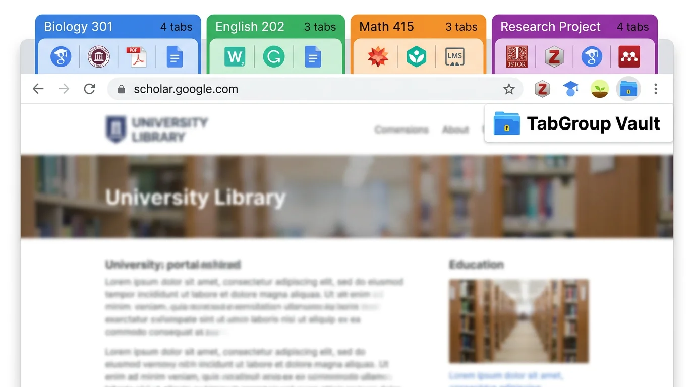A Chrome browser with organized tab groups for different courses, research tools pinned to the toolbar