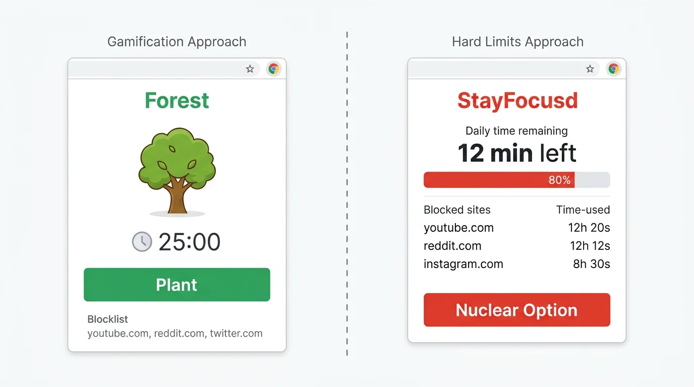 Side-by-side view of Forest and StayFocusd interfaces showing different approaches to focus management