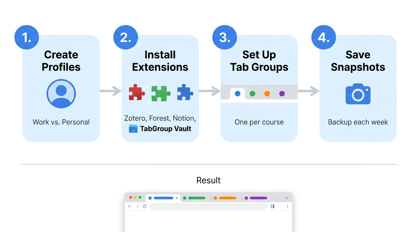 Step-by-step visual showing a clean Chrome setup with course-specific tab groups, pinned tabs, and extension icons