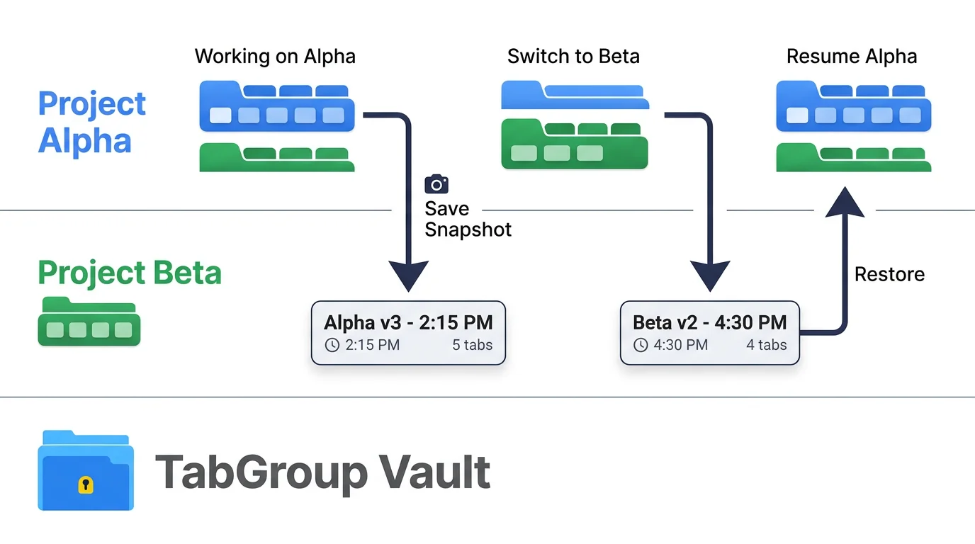 Diagram showing save-switch-restore workflow between two project tab groups, with snapshot save points marked