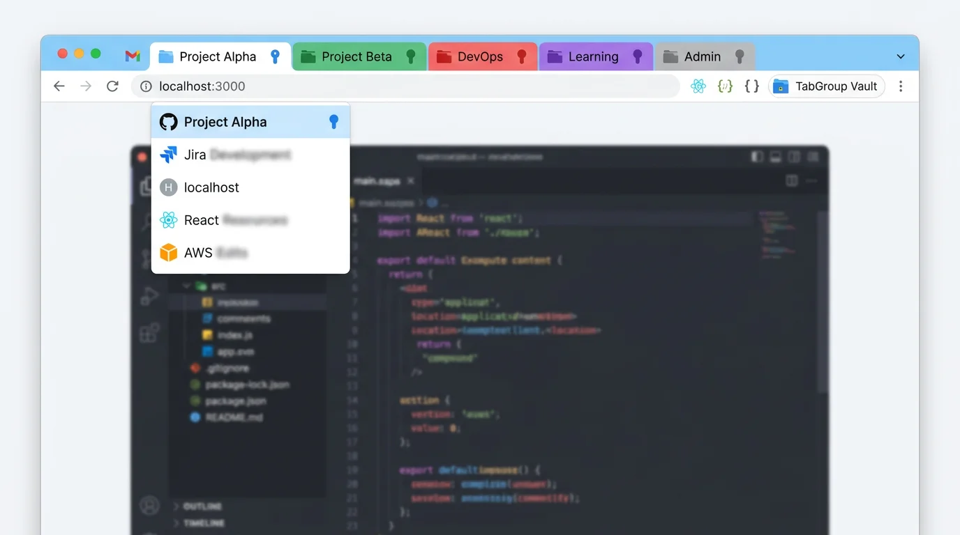 Clean Chrome window with three color-coded project groups, pinned admin tabs, and developer extensions visible in the toolbar