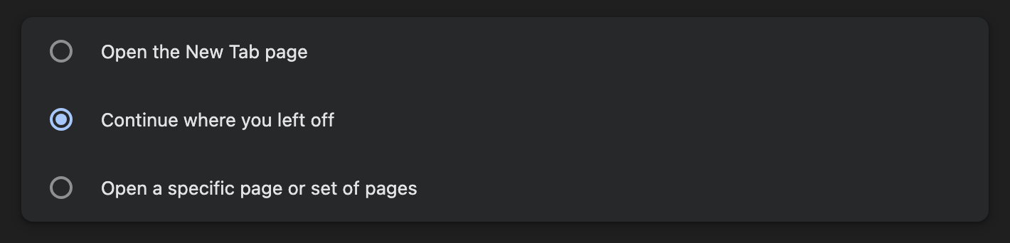 Chrome On startup settings with Continue where you left off selected