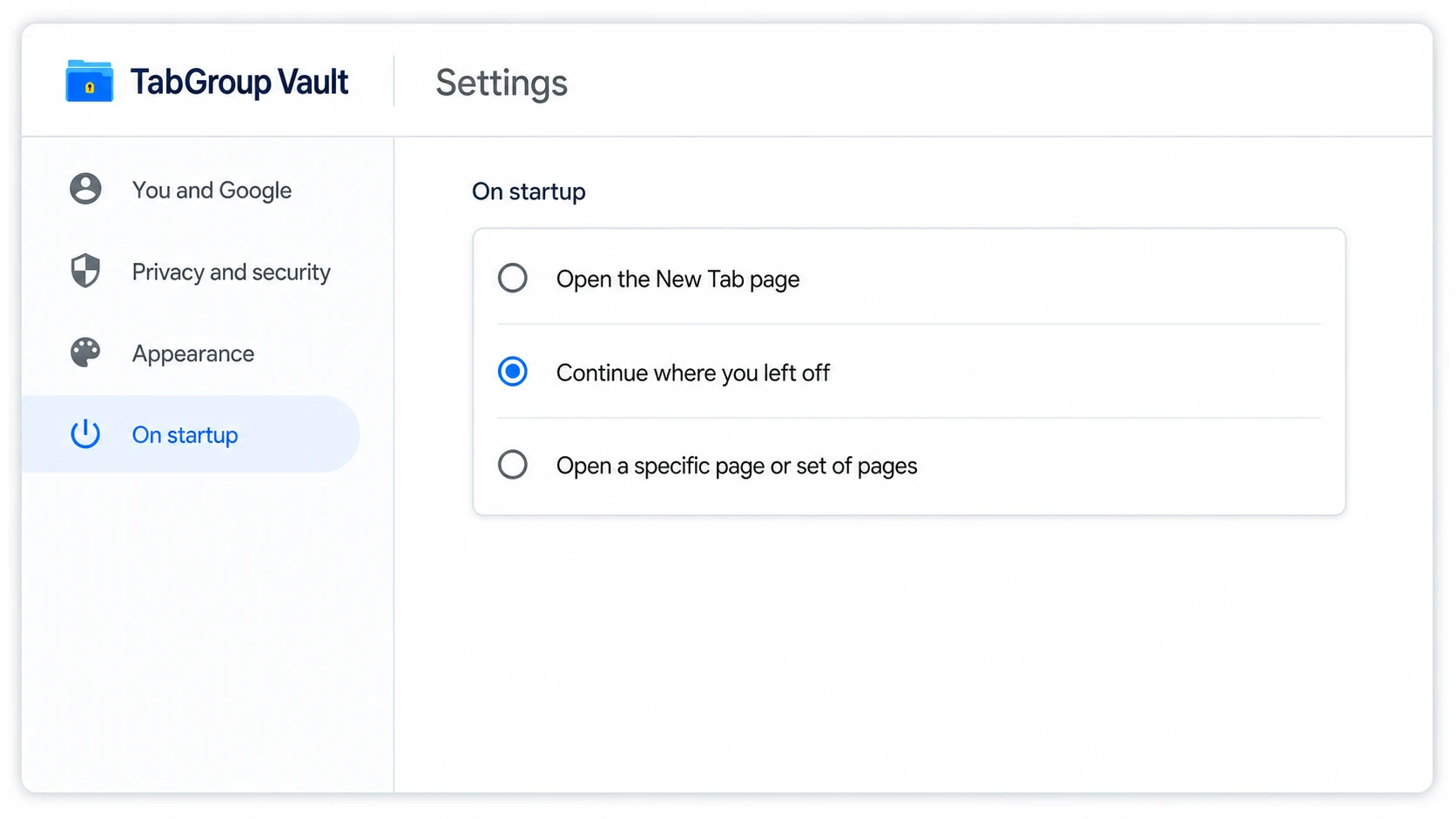 Illustration of Chrome Settings at 'On startup'. Show the left sidebar with readable labels: 'You and Google', 'Privacy and security', 'Appearance', 'On startup'. In the main panel