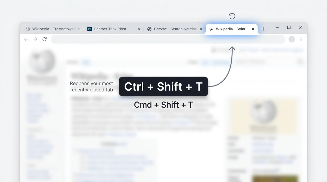 Screenshot showing Chrome reopening a recently closed tab using the keyboard shortcut, with the tab sliding back into the tab bar.