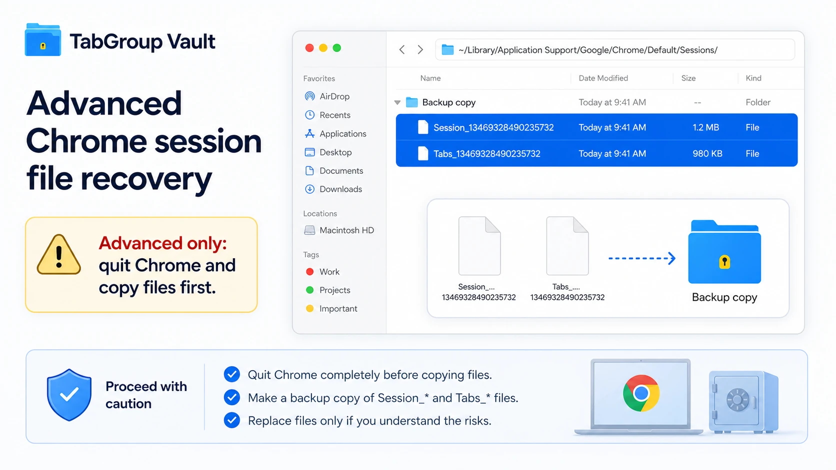 Illustration for advanced Chrome session-file recovery. Show a macOS-style file explorer window open to '~/Library/Application Support/Google/Chrome/Default/Sessions/'. Highlight c