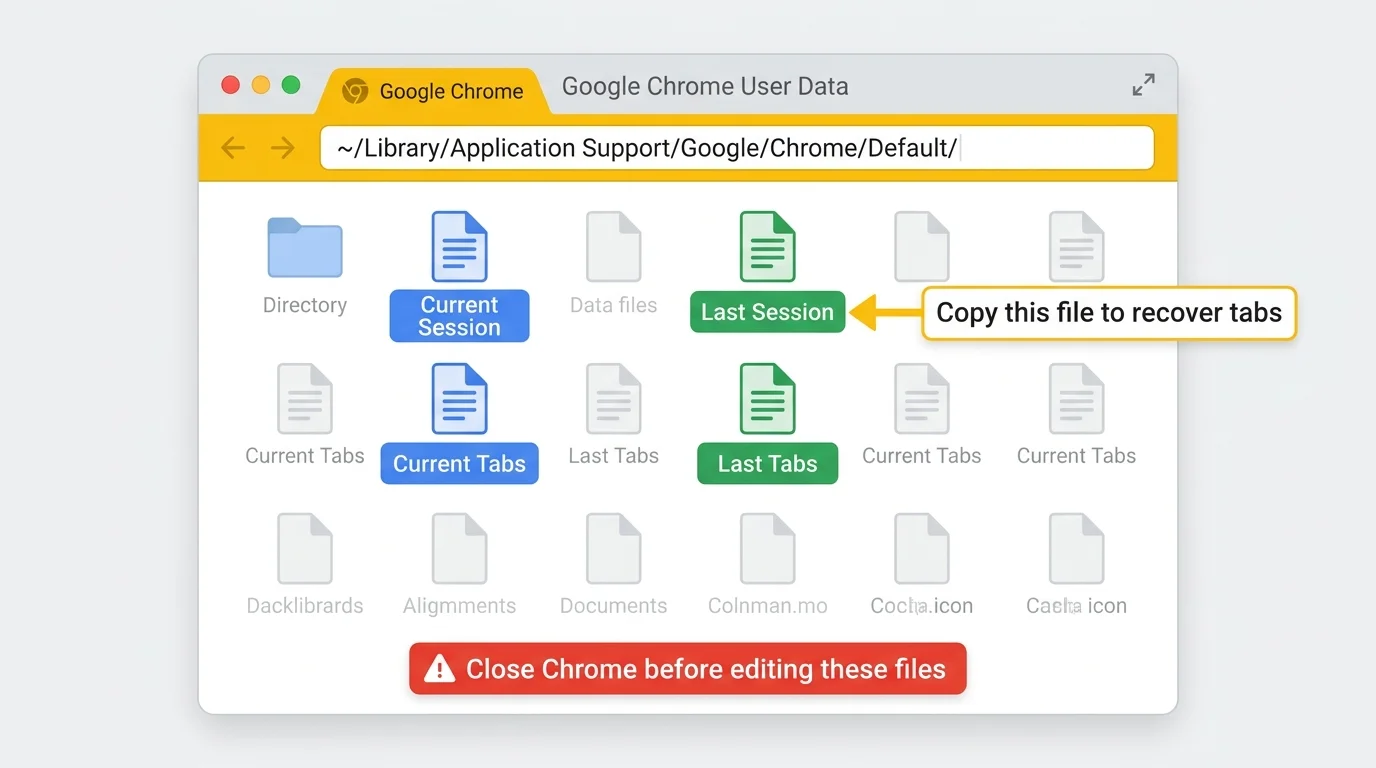 File explorer showing the Chrome user data directory with Current Session, Last Session, Current Tabs, and Last Tabs files highlighted.