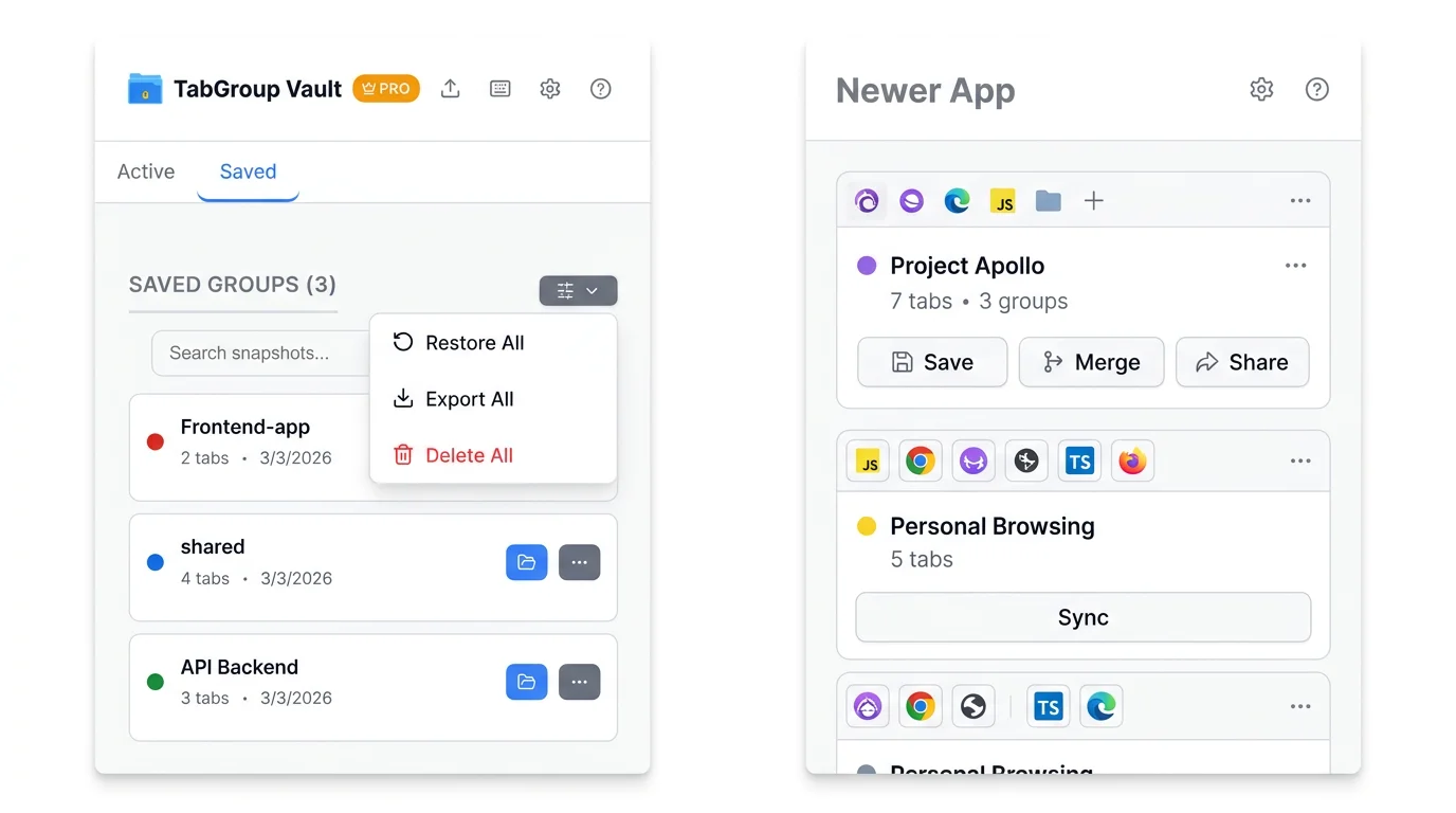 Screenshot of TabGroup Vault showing saved snapshots with tab group names, colors, and a one-click restore button.