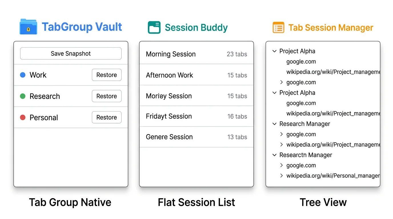 Side-by-side screenshots of the popup interfaces of TabGroup Vault, Session Buddy, and Tab Session Manager showing their different approaches to session management.