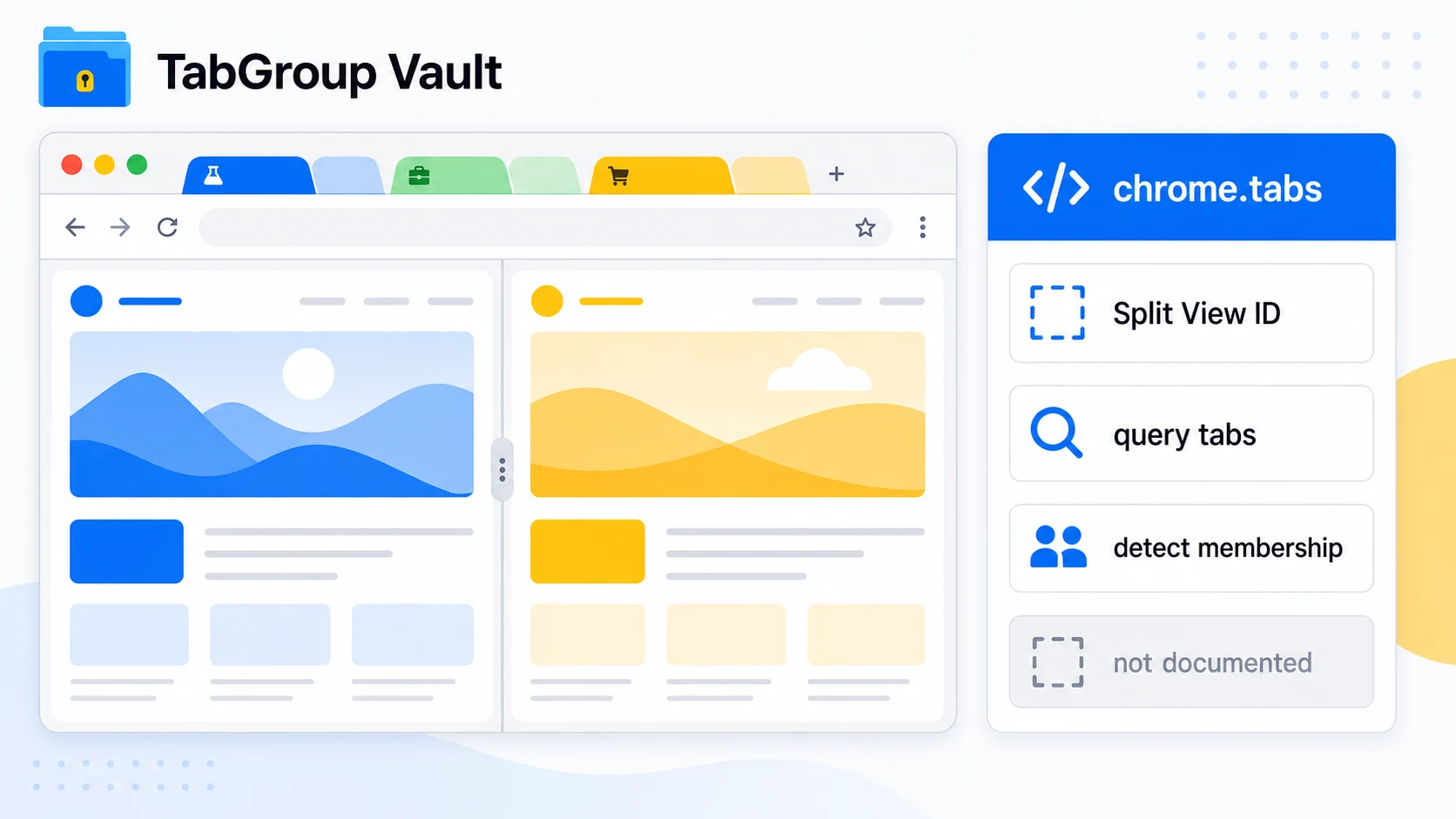 Diagram with exact labels: chrome.tabs, Split View ID, query tabs, detect membership, not documented, plus TabGroup Vault branding. Avoid the ambiguous camelCase token inside gener