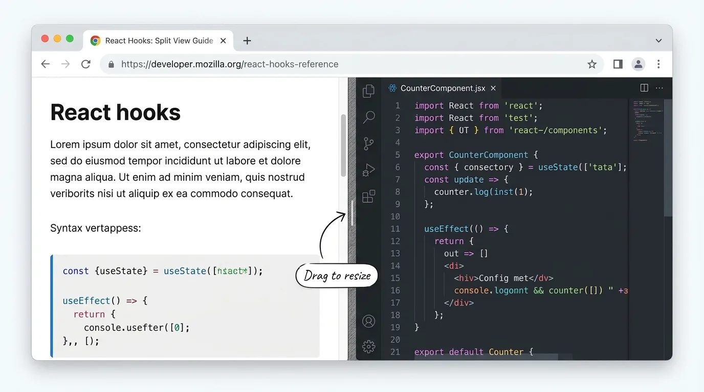 Hero illustration of a Chrome window in split view. The left pane shows documentation for React hooks, and the right pane shows a code editor tab implementing the same hook. One tab bar at the top spans both panes.