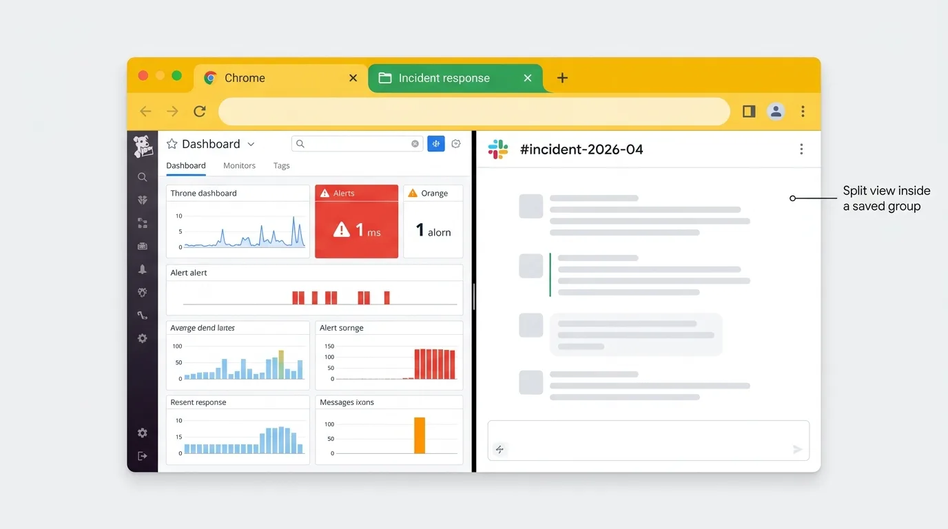 Illustration showing a green Incident response tab group pill at the top of the tab bar, with a separate split-view pair beside it: a Datadog dashboard on the left and Slack incident chat on the right.