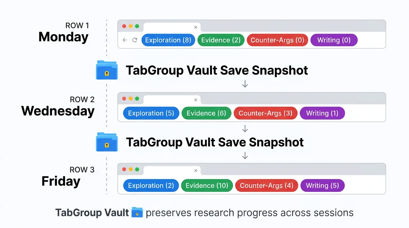 Research session with 30+ tabs organized into phase-based tab groups