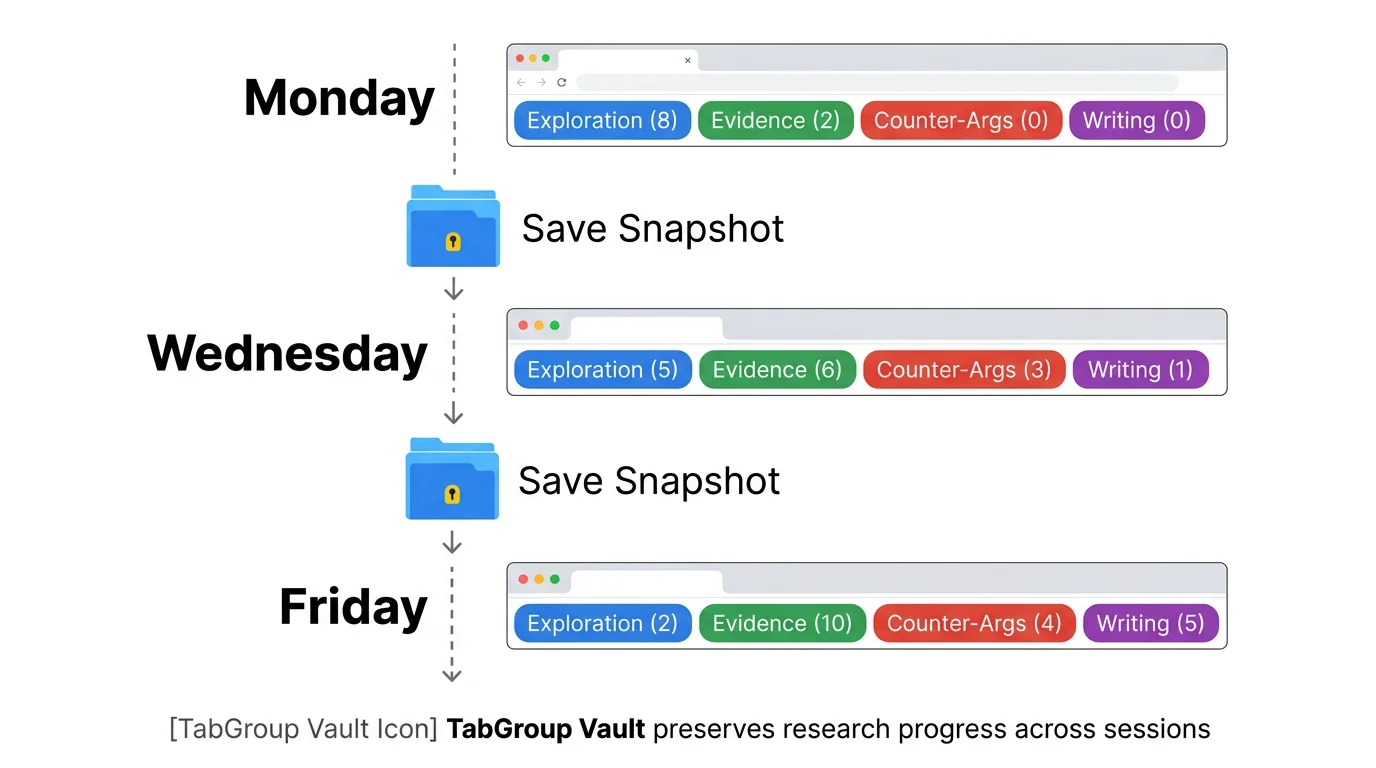 Multi-session research project with named tab groups for each phase