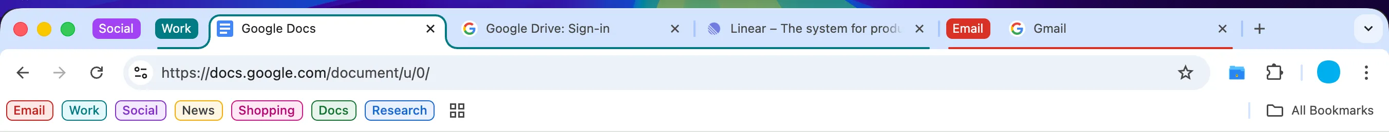 Chrome tab bar showing colorful tab groups labeled Work, Social, News, Shopping, and Research