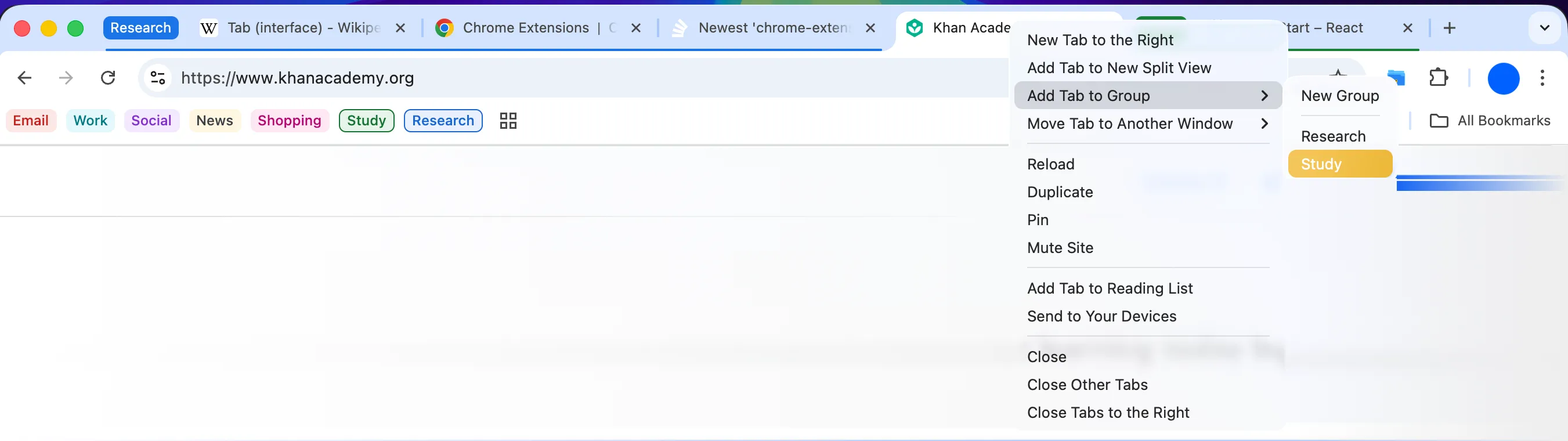 Chrome right-click context menu showing Add Tab to Group option with existing groups listed