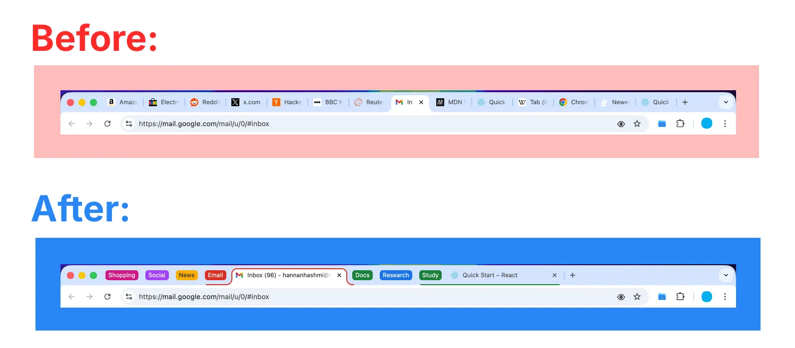 Before and after comparison: cluttered tab bar versus organized color-coded tab groups