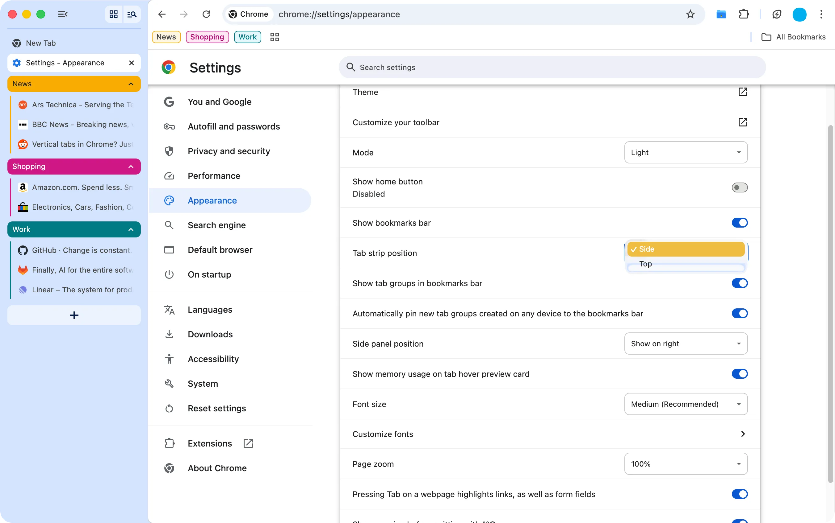 Chrome with vertical tabs enabled showing tab groups in a sidebar alongside Appearance settings with Tab strip position set to Side