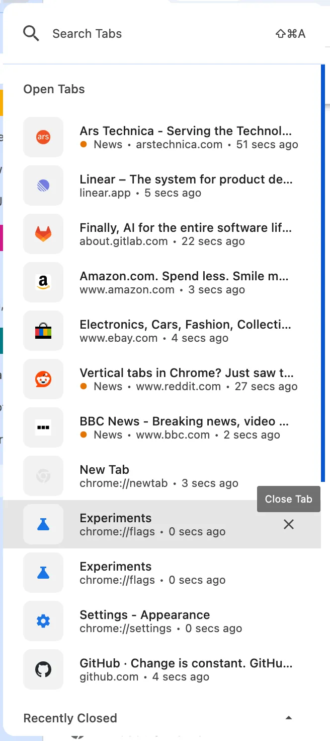 Chrome omnibox showing @tabs search with tab results from different groups