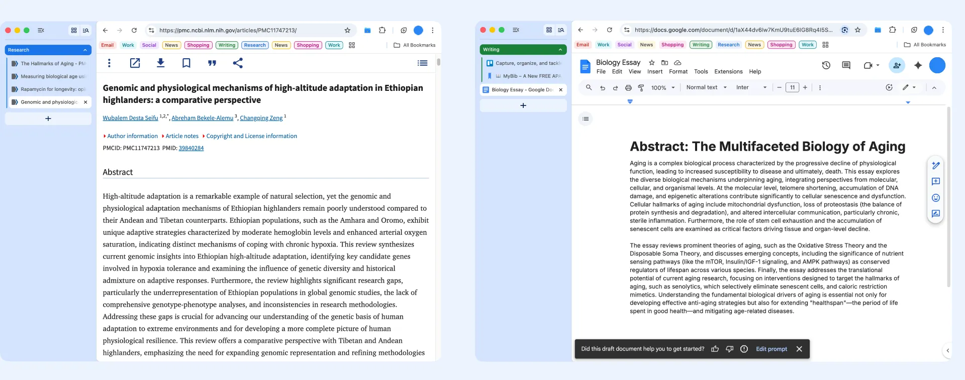 Chrome Split View with vertical tabs showing Research and Writing tabs side by side