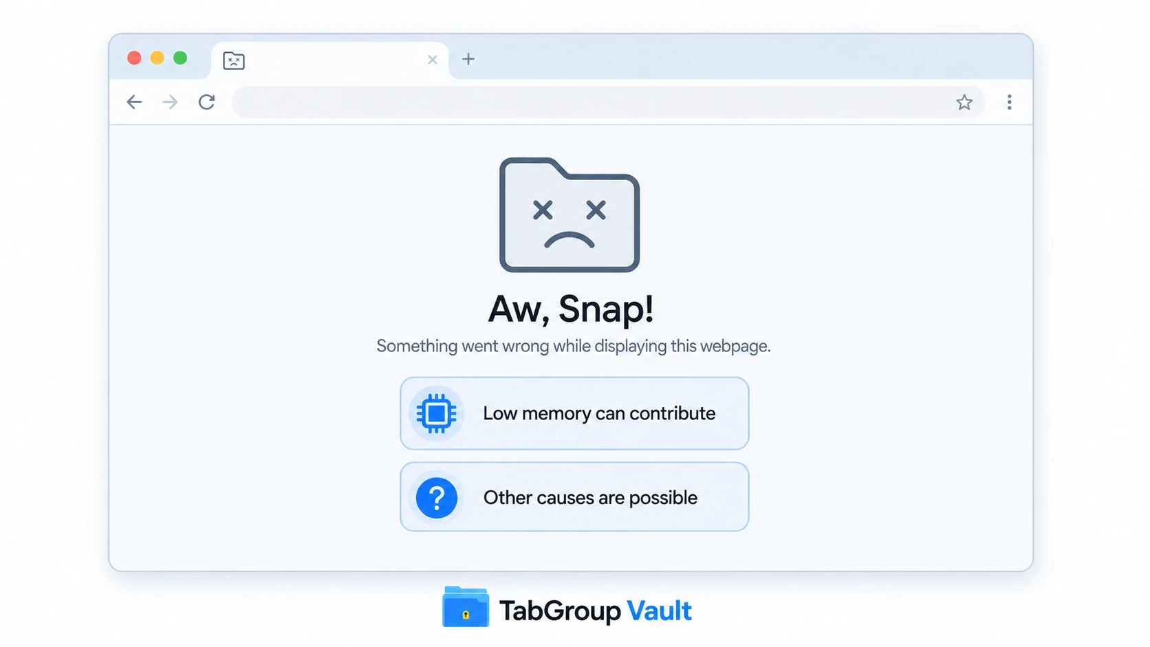 Illustration of a Chrome page-loading error screen with the visible text 'Aw, Snap!' and 'Something went wrong while displaying this webpage.' Include a subtle nearby callout that